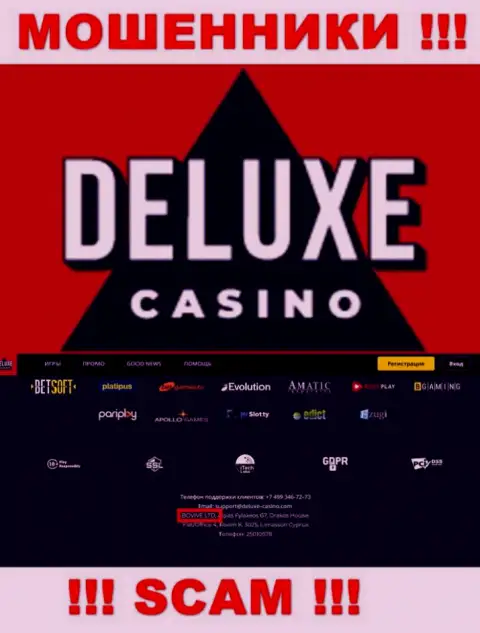 Данные о юридическом лице Deluxe-Casino Com на их официальном сайте имеются - это BOVIVE LTD
