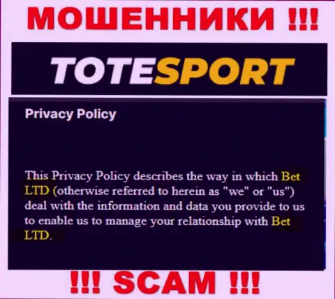 ToteSport Eu - юридическое лицо мошенников компания BET Ltd