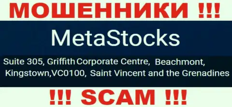 На официальном web-ресурсе Meta Stocks расположен адрес регистрации данной компании - Сьюит 305, Корпоративный Центр Гриффитш, Кингстаун, VC0100, Сент-Винсент и Гренадины (офшорная зона)