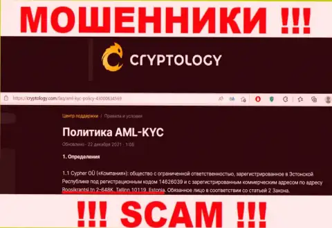 На официальном сайте Cryptology указан ложный адрес - это МОШЕННИКИ !!!