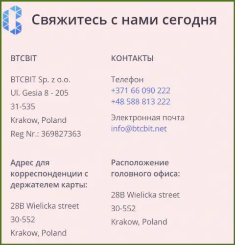 Контакты обменки BTCBIT Sp. z.o.o