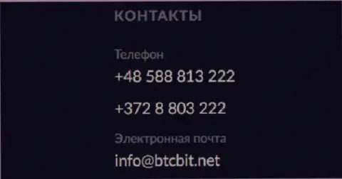 Телефон и электронка онлайн обменника BTC Bit